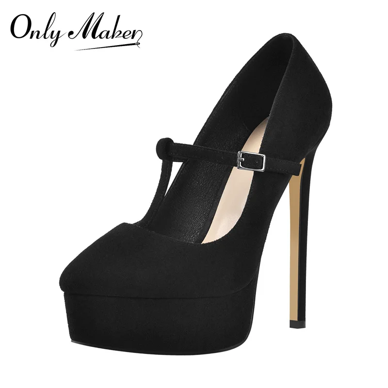 

Onlymaker Concise Slip-On Pointed Toe Stiletto High Heel Pumps Platform Black Faux Suede Buckle 2021 Fashion Large Size