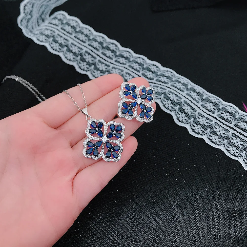RUZZALLATI Big Promotion Silver Color Necklace Pendant Ring Dark Blue Stunning Zircon Four Leaf Clover Women Jewelry Sets
RUZZALLATI Big Promotion Silver Color Necklace Pendant Ring Dark Blue Stunning Zircon Four Leaf Clover Women Jewelry Sets