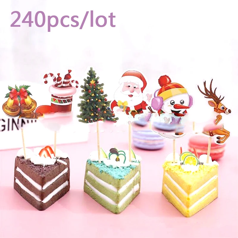 

240pcs/lot Christmas Tree Bell Theme Decorations Reindeer Cupcake Toppers Kids Boys Girls Favors Snowman Santa Claus Cake Topper