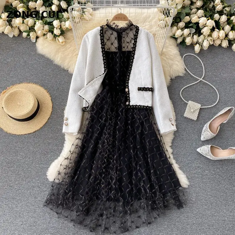 Dress Two Piece Set 2021 Autumn Women White Coat + Black Sexy Tulle A-word Dress Fashion Korean Party Suit High Quality
Dress Two Piece Set 2021 Autumn Women White Coat + Black Sexy Tulle A-word Dress Fashion Korean Party Suit High Quality