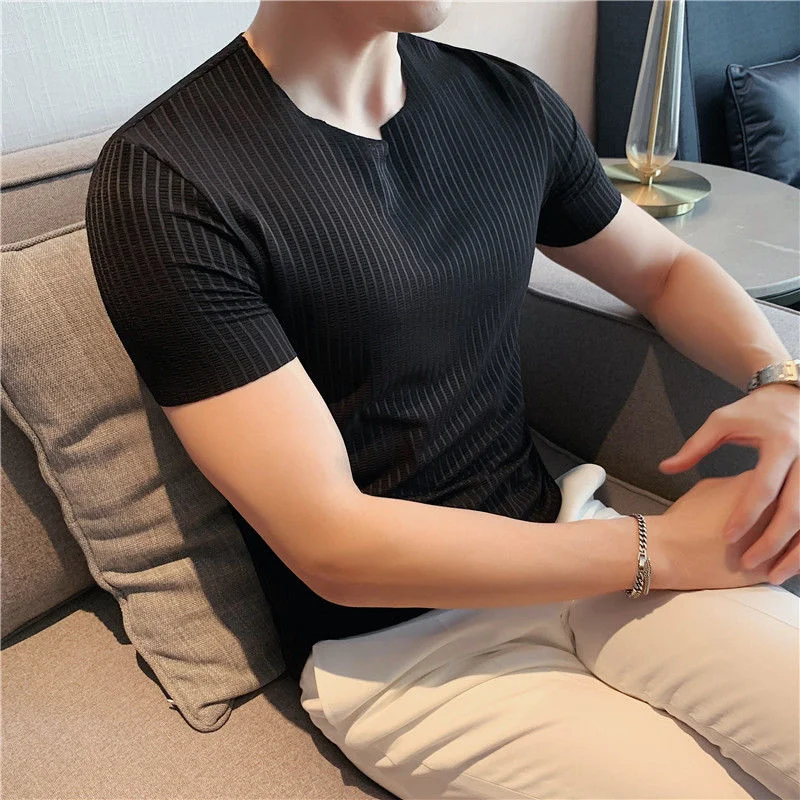 2021 Summer Men's Ice Silk Elastic Stripe T Shirts Slim Fit Round Neck Knitted Tshirts Short Sleeve Fashion Trend T-shirt
2021 Summer Men's Ice Silk Elastic Stripe T Shirts Slim Fit Round Neck Knitted Tshirts Short Sleeve Fashion Trend T-shirt