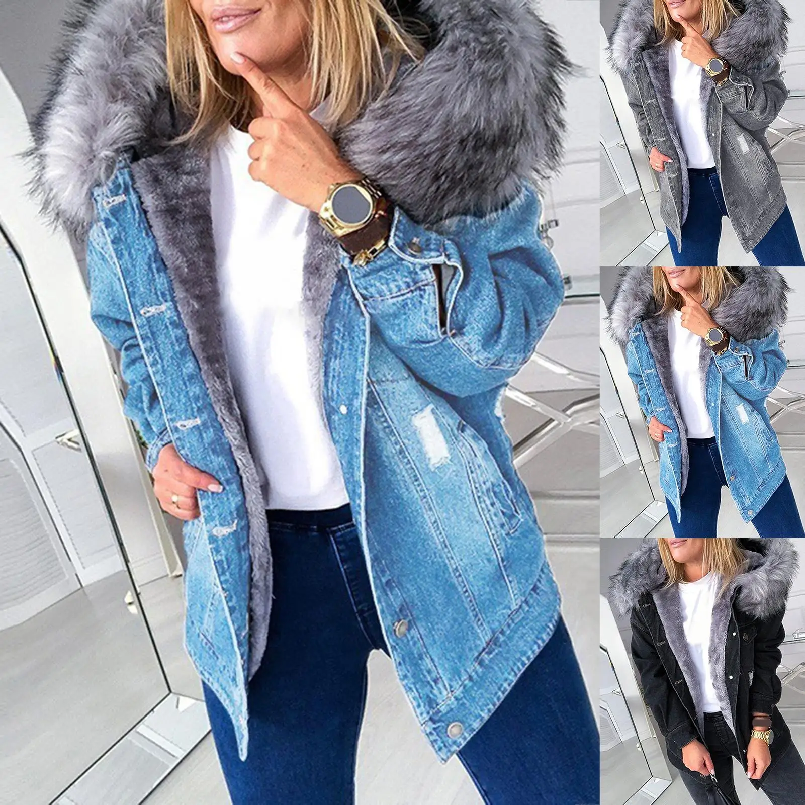 Retro big fur collar denim jacket temperament commuter warmth in the long section of the worn out coat
Retro big fur collar denim jacket temperament commuter warmth in the long section of the worn out coat