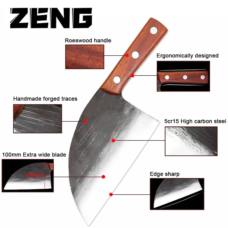 ZENG Carbon Steel Broad Butcher Knives Chopper Slip Resistant Rosewood Handle Handmade Forged Chef Kitchen Knife Sharp Cleaver
ZENG Carbon Steel Broad Butcher Knives Chopper Slip Resistant Rosewood Handle Handmade Forged Chef Kitchen Knife Sharp Cleaver