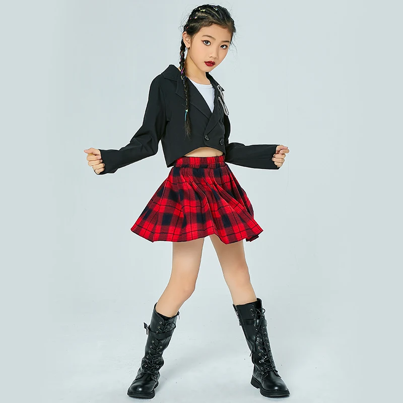 Girls Hip Hop Jazz Clothing Catwalk Stage Costume Black Suit Red Lattice Skirt Cheerleader Performance Festive Wear 120-170CM
Girls Hip Hop Jazz Clothing Catwalk Stage Costume Black Suit Red Lattice Skirt Cheerleader Performance Festive Wear 120-170CM