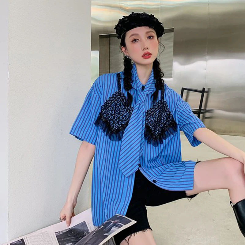 GALCAUR Stripe Lace Panel Colorblock Button Through Blouse For Women Lapel Short Sleeve Loose Shirt Womens Summer Clothing 2021
GALCAUR Stripe Lace Panel Colorblock Button Through Blouse For Women Lapel Short Sleeve Loose Shirt Womens Summer Clothing 2021