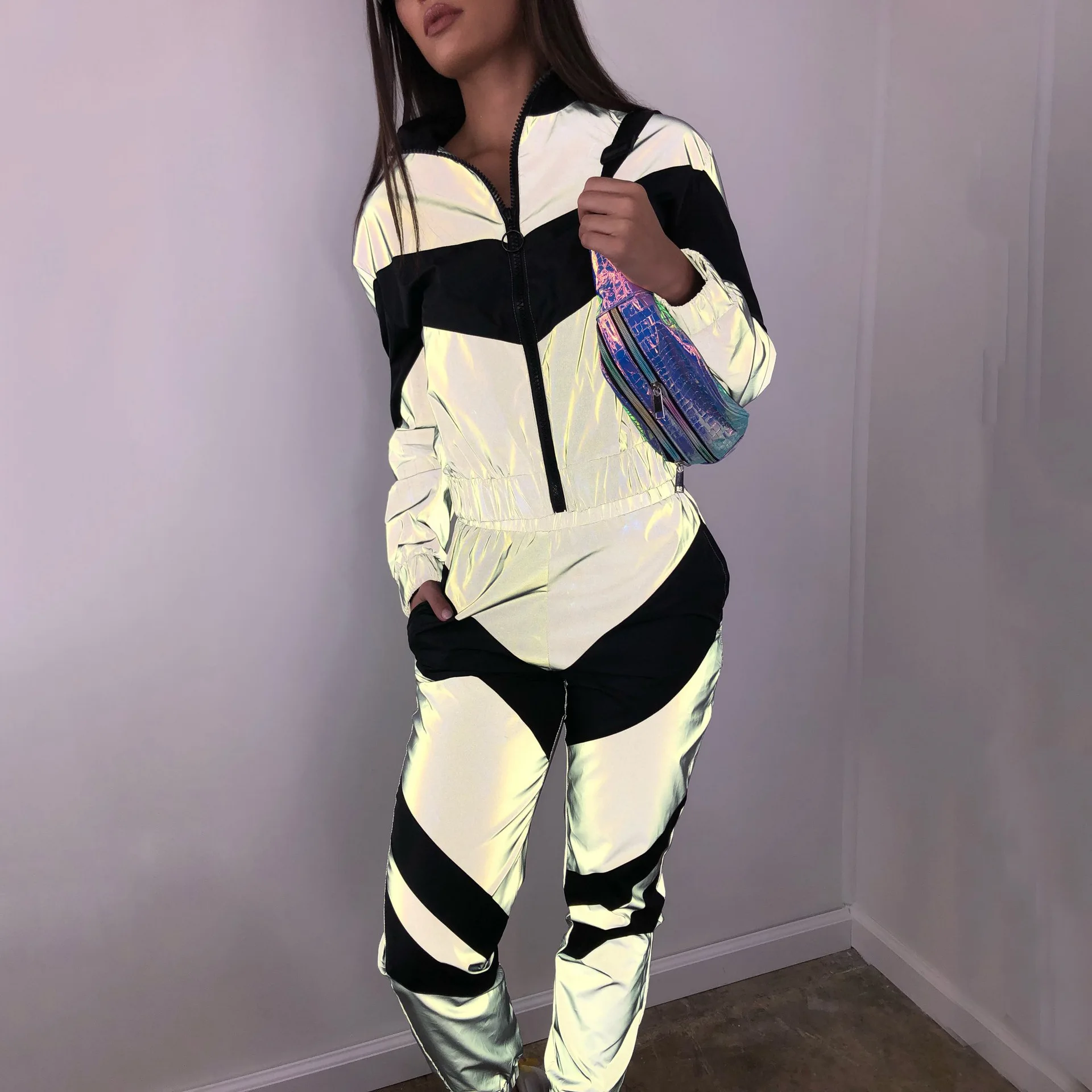 Куртка женская Светоотражающая с отложным воротником длинные брюки осень 2019 -