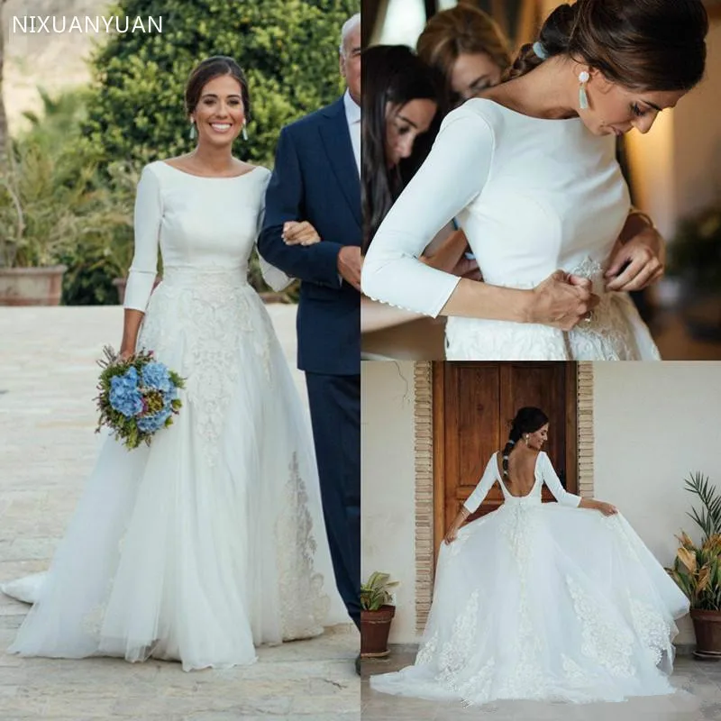 2021 Satin Wedding Dresses with Detachable Overskirts Scoop Neck 3/4 Sleeves A Line Beach Wedding Dress Backless Robe De Mariee
2021 Satin Wedding Dresses with Detachable Overskirts Scoop Neck 3/4 Sleeves A Line Beach Wedding Dress Backless Robe De Mariee
