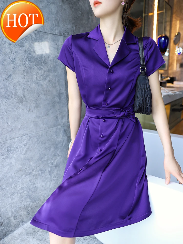 acetate French purple dress women's summer short sleeve detachable belt 
acetate French purple dress women's summer short sleeve detachable belt