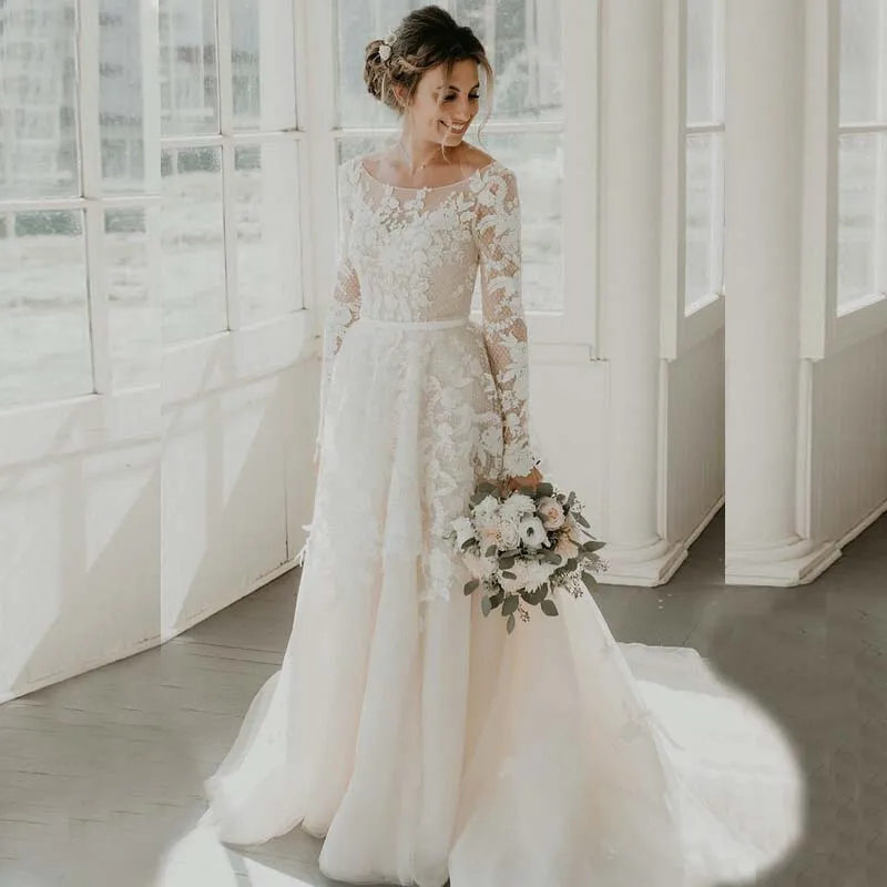 New Fashion Exquisite Lace Long Sleeve Bridal Wedding Dresses Illusion Boat Neck Wedding Gowns for Bride Back Out Appliqued 2021
New Fashion Exquisite Lace Long Sleeve Bridal Wedding Dresses Illusion Boat Neck Wedding Gowns for Bride Back Out Appliqued 2021