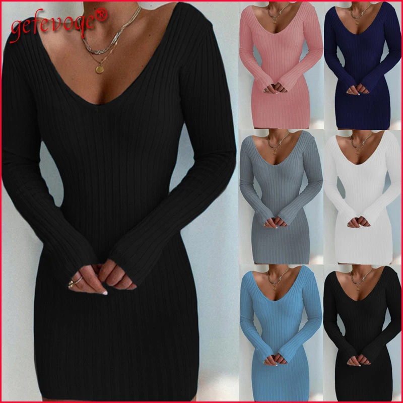 2022 Autumn Winter Fashion Women's Knitted Pencil Mini Dress Sexy Elegant V-neck Office Bodycon Long Sleeve Basic Dresses Robes 
2022 Autumn Winter Fashion Women's Knitted Pencil Mini Dress Sexy Elegant V-neck Office Bodycon Long Sleeve Basic Dresses Robes