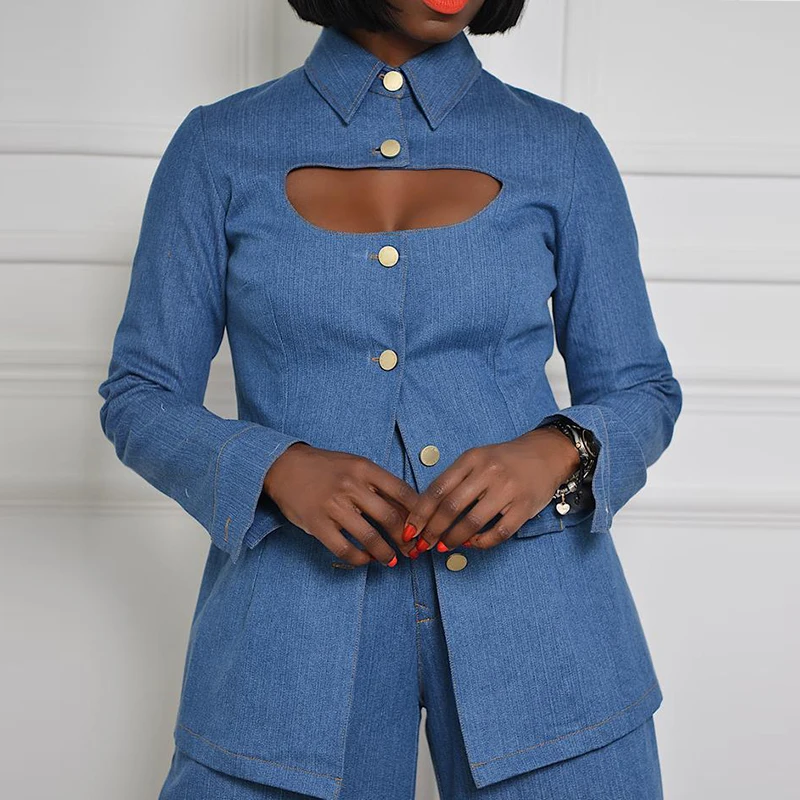 Women Solid Imitation Denim Hollow Out Outfit Spring Autumn Turn-Down Collar Wide Leg Pants Ladies Set Loose Zipper Streetwear
Women Solid Imitation Denim Hollow Out Outfit Spring Autumn Turn-Down Collar Wide Leg Pants Ladies Set Loose Zipper Streetwear