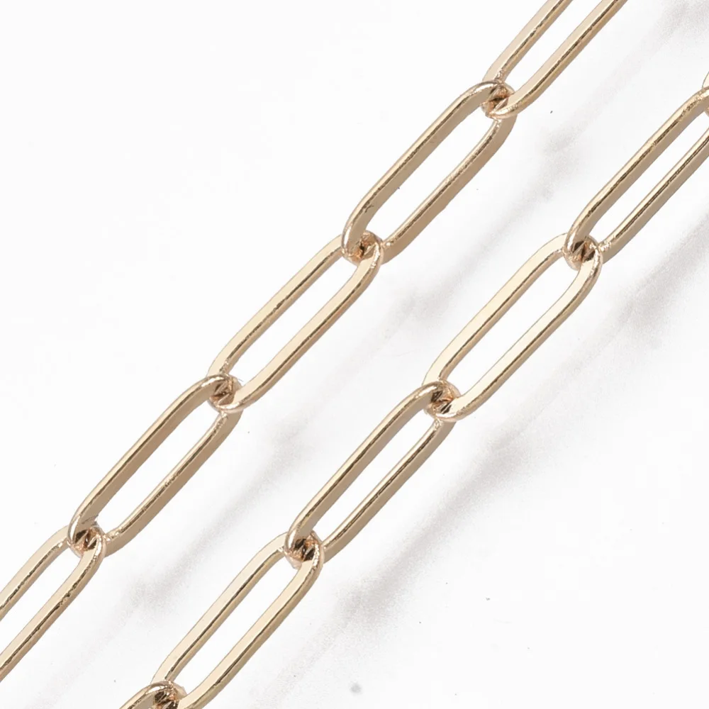 

Латунные скрепки-цепочки 1 м, Плоские Овальные тянутые Удлиненные кабельные цепи, припаянные кадмий, настоящее позолота 16 к, 9x3x0,7 мм