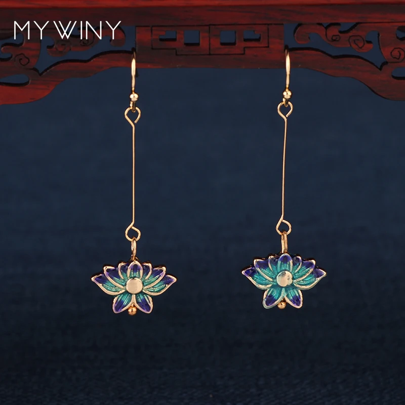 MYWINY новые модные ювелирные изделия серьги Lotus Flower китайский ветер эмаль длинные