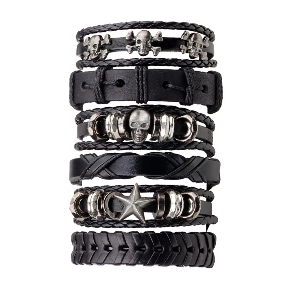 6pcs/pack Handmade PU Leather Black Men Braided Skull Star Decoration Men's Bracelet Multilayer Fashion Jewelry Best Gift
6pcs/pack Handmade PU Leather Black Men Braided Skull Star Decoration Men's Bracelet Multilayer Fashion Jewelry Best Gift