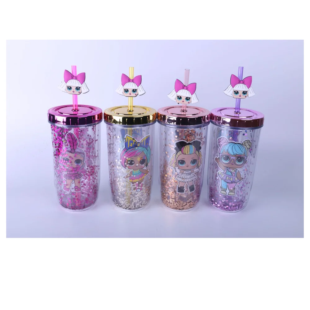 

300-400ml LOL SURPRISE Dolls Plastic Cups with Lids Double Wall Sequin Mugs Cartoon Pattern Water Sippy Outdoor Portable Bottles