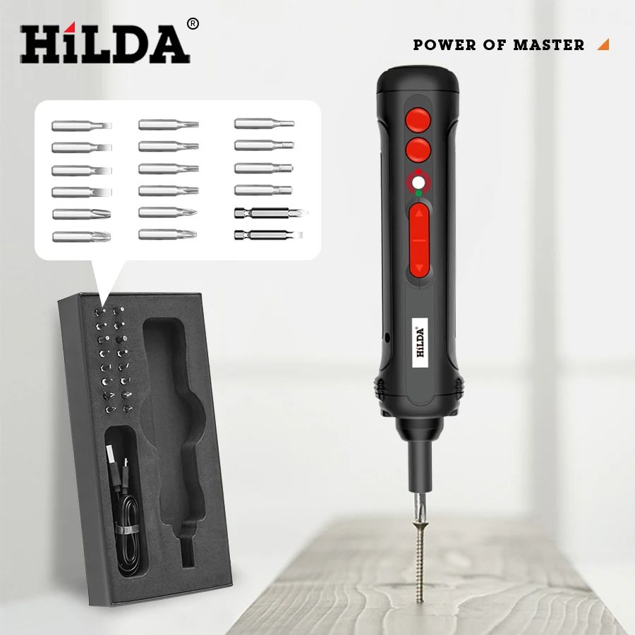 Набор аккумуляторных электрических отверток HILDA, 4 в, с зарядкой от USB, со светодиодной подсветодиодный кой, 19 бит
Набор аккумуляторных электрических отверток HILDA, 4 в, с зарядкой от USB, со светодиодной подсветодиодный кой, 19 бит