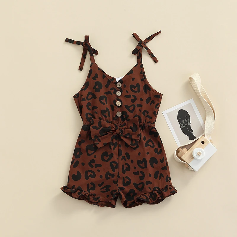 

Cute Baby Girl Leopard Romper V Neck Suspender Bow Knot Buttoned Romper Short Pants Kids Girl Clothing