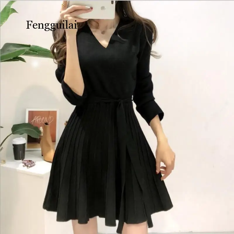 Stylish V-neck Lace Up Knitted Dress Women Full Sleeve Office Ladies A Line Sweater Dress Female Knitting Vestidos 
Stylish V-neck Lace Up Knitted Dress Women Full Sleeve Office Ladies A Line Sweater Dress Female Knitting Vestidos