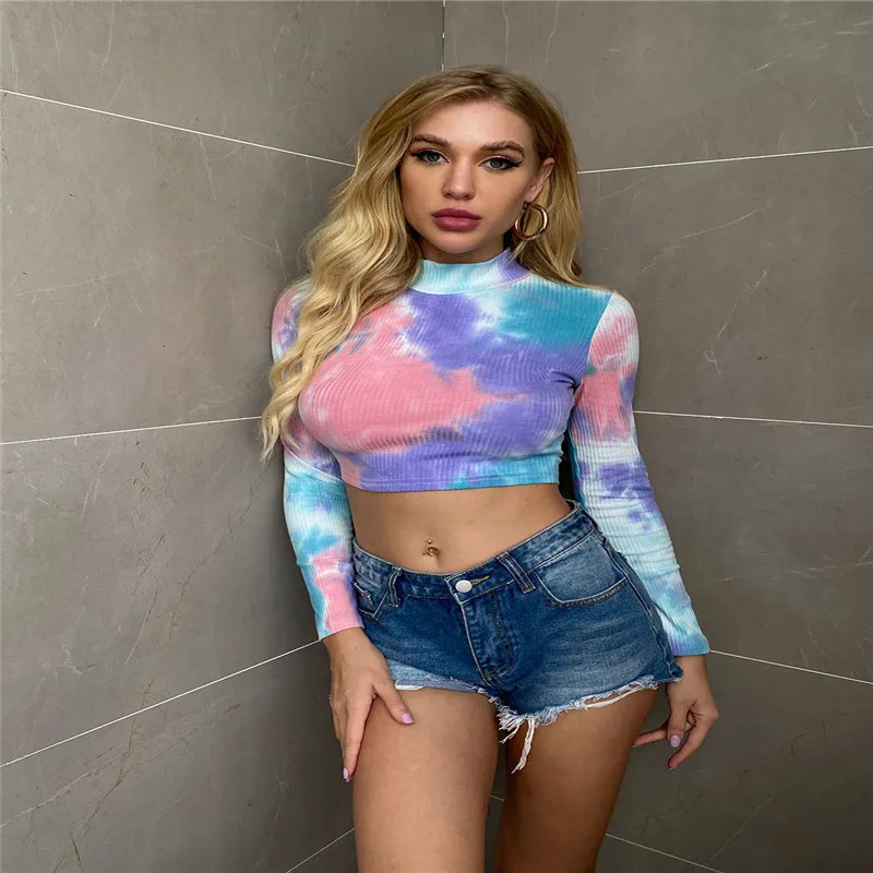 Womens Casual Long-sleeved T-shirt Fresh Tie-dye Printed High Collar Exposed Navel Pullover Top
Womens Casual Long-sleeved T-shirt Fresh Tie-dye Printed High Collar Exposed Navel Pullover Top