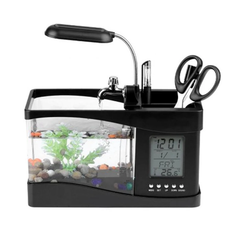 USB Desktop Mini Aquarium Fish Tank With LED Light LCD Display Screen And Clock Fish Tank Decoration With Pebbles 
USB Desktop Mini Aquarium Fish Tank With LED Light LCD Display Screen And Clock Fish Tank Decoration With Pebbles