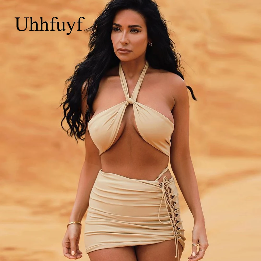 Uhhfuyf вязаные Летние Новые Стильные пляжные комплекты из 2 предметов 2021 года, женские сексуальные майки с лямкой на шее, бандажные мини-юбки н... 
Uhhfuyf вязаные Летние Новые Стильные пляжные комплекты из 2 предметов 2021 года, женские сексуальные майки с лямкой на шее, бандажные мини-юбки н...