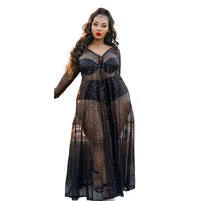 Summer Maxi Black Lace Dresses for Women V Neck Long Sleeve Sexy Curv Dress Night Club Transparent Plus Size Women Clothing
Summer Maxi Black Lace Dresses for Women V Neck Long Sleeve Sexy Curv Dress Night Club Transparent Plus Size Women Clothing