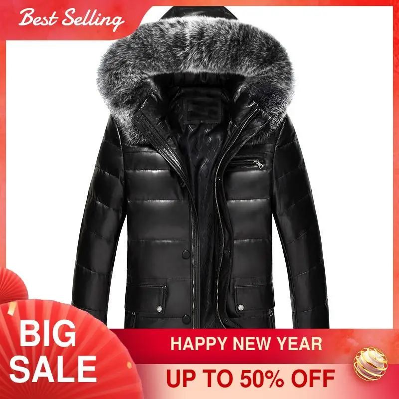 2021 Black Hood Casual Style Genuine Leather Down Coat Men Plus Size 3XL Fox Fur Collar Russian Winter Warm Sheepskin Jacket
2021 Black Hood Casual Style Genuine Leather Down Coat Men Plus Size 3XL Fox Fur Collar Russian Winter Warm Sheepskin Jacket