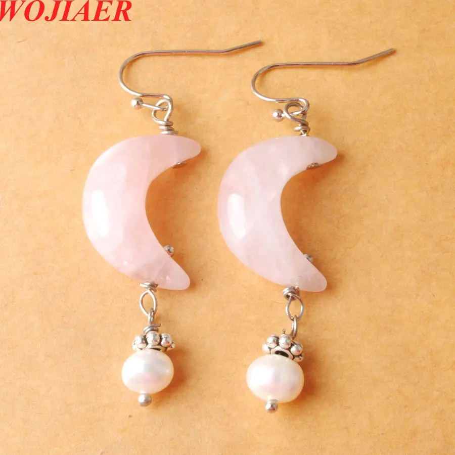 Женские серьги-подвески в форме рога WOJIAER, серьги в форме Луны с натуральным розовым кварцем и жемчугом, 1 пара, O9399 
Женские серьги-подвески в форме рога WOJIAER, серьги в форме Луны с натуральным розовым кварцем и жемчугом, 1 пара, O9399