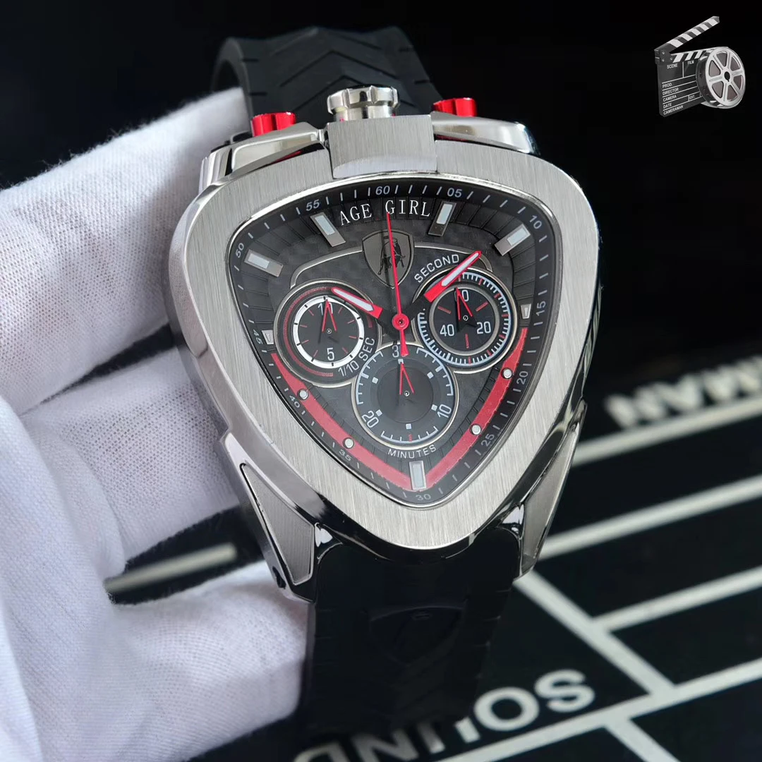Classic New Men Silver Grey Japanese Quartz Chronograph Sapphire Stainless Steel Watch Luminous Gents Red Rubber Sport AAA+
