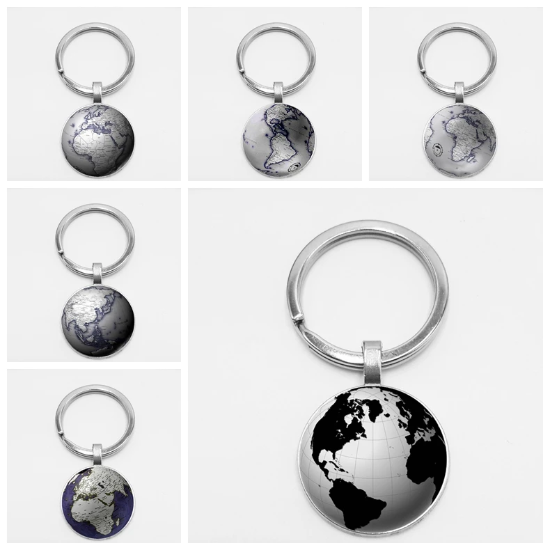 

Earth World Map Seven Oceania Time Glass Keychain Globe Retro Car Keychain Hanging Buckle DIY Photo Customization