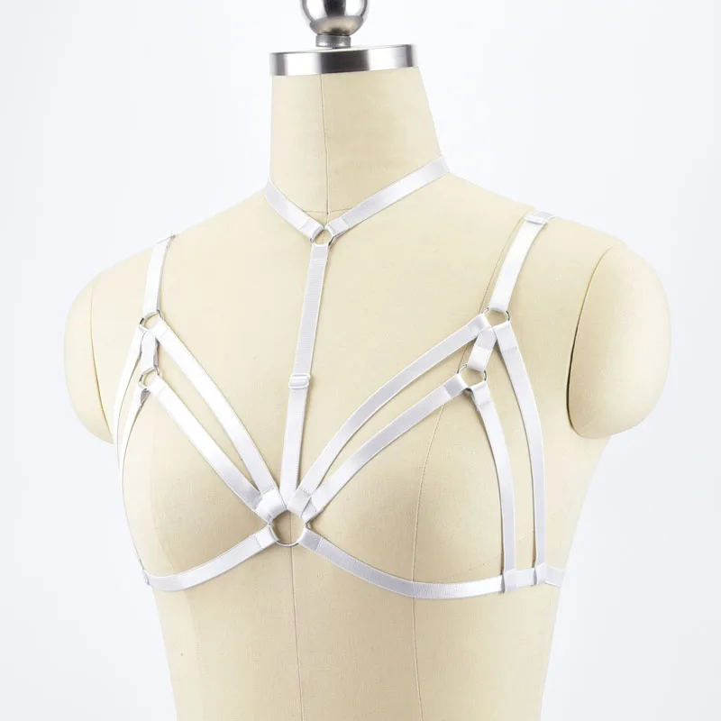 Women White Elastic Fetish Body Harness Adjustable Bondage Lingerie Handmade Cupless Strappy Goth Crop Top Underwear | Женская одежда