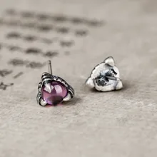 Newest Solid Pure 925 Sterling Silver Jewelry Purple Crystal Stud Earrings For Women Men Dragon Claw Shaped Piercing Ear Studs