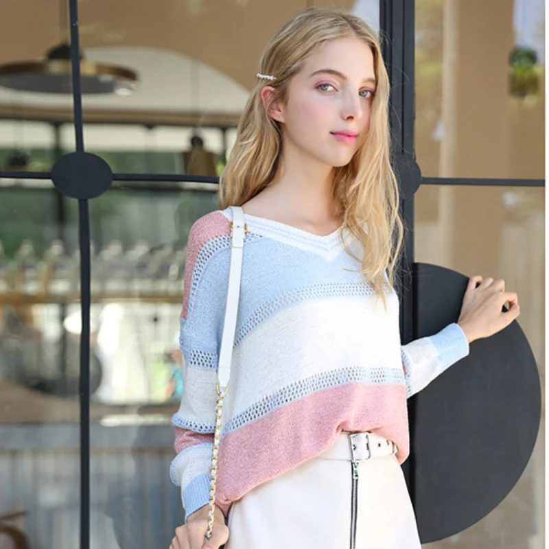 Woman Sweaters Hollow Rainbow Stripes Knitted Thin Bright Silk V-Neck Pullover Sweater 2021 Autumn Casual Cute Plus Size Jumpers
Woman Sweaters Hollow Rainbow Stripes Knitted Thin Bright Silk V-Neck Pullover Sweater 2021 Autumn Casual Cute Plus Size Jumpers