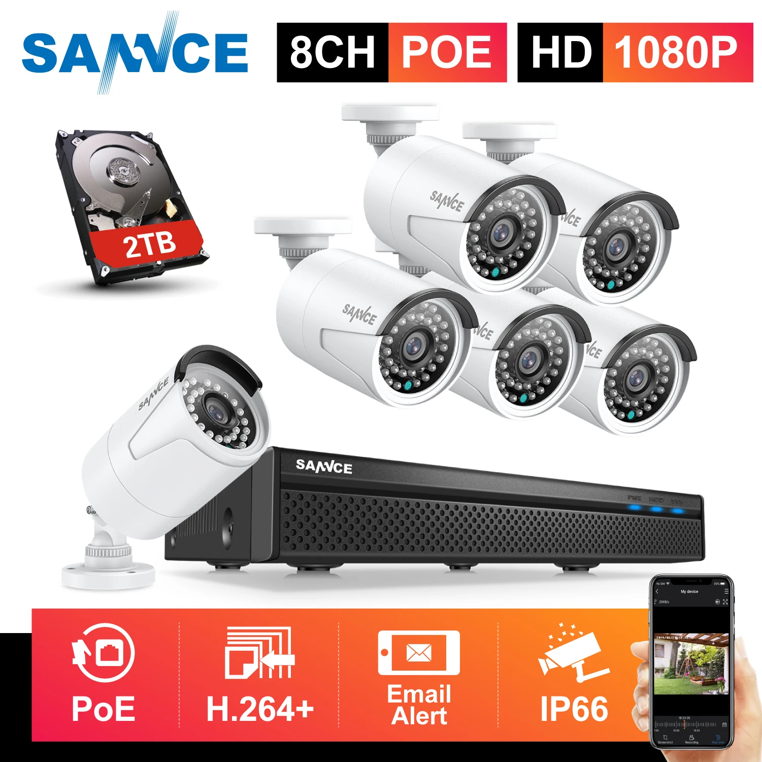 

SANNCE 8CH POE 5MP NVR Kit CCTV Security System 6X 2MP IR Outdoor Waterproof Audio In IP Camera Video Surveillance Kit White