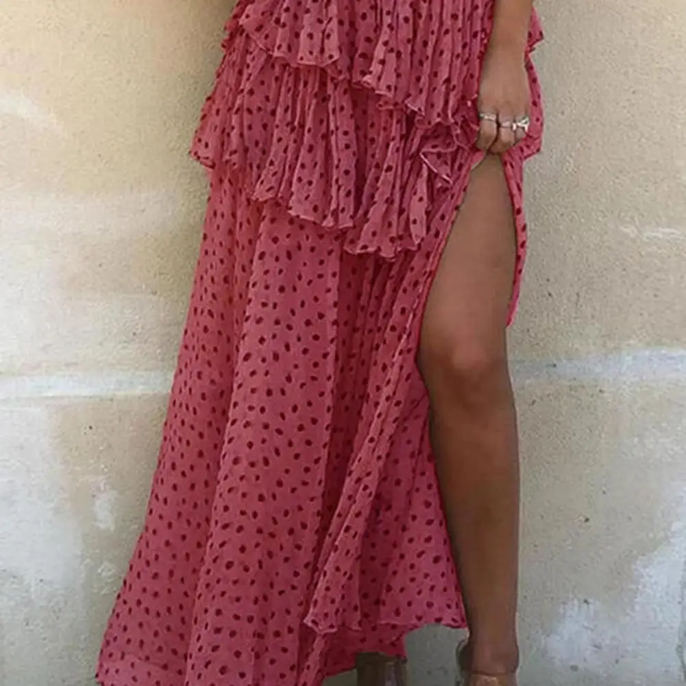 

New Fashion Women Dress Skew One Shoulder Collar Asymmetric Polka Dots Print Slit Hem Long Dress for Party vestidos sexy mujer