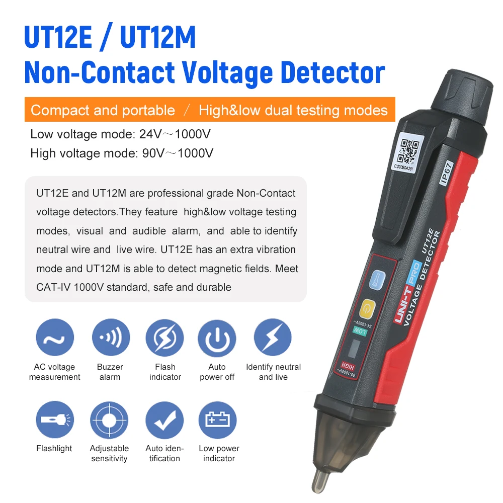 UNI-T UT12E AC Voltage Detector Meter 24V-1000V Non-Contact Tester Pen Socket Volt Current Electric Test Pencil with Sound
UNI-T UT12E AC Voltage Detector Meter 24V-1000V Non-Contact Tester Pen Socket Volt Current Electric Test Pencil with Sound