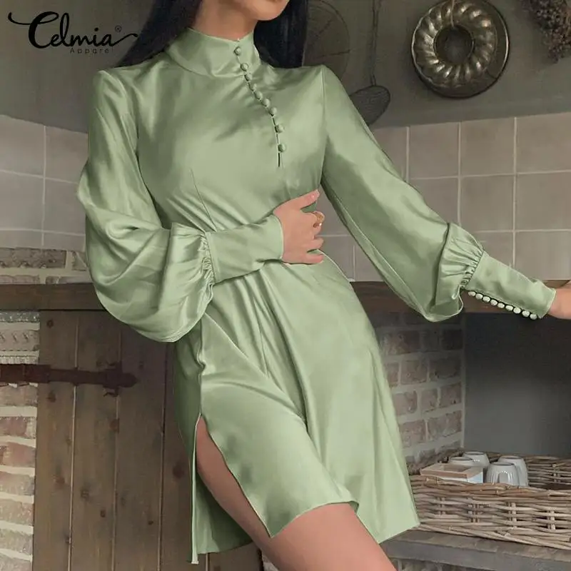Women Satin Silk Mini Dress 2021 Autumn Celmia Elegant Long Sleeve Shirt Dress Half High Collar Party Split Hem Solid Vestidos
Women Satin Silk Mini Dress 2021 Autumn Celmia Elegant Long Sleeve Shirt Dress Half High Collar Party Split Hem Solid Vestidos