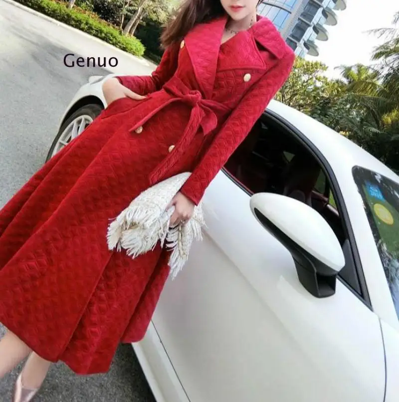 

2020 Autumn Winter Burgundy Velvet Long Overcoat Women's Notched Collar Outwear Vintage Thick Maxi Trench Coat