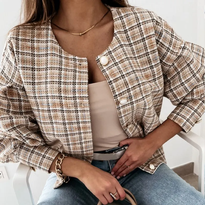 Women Spring Jacket Plaid Tweed Jackets Women O-Neck Puff Sleeve Office Lady Coat Pearl Button Blouse Loose Jackets Outerwear
Women Spring Jacket Plaid Tweed Jackets Women O-Neck Puff Sleeve Office Lady Coat Pearl Button Blouse Loose Jackets Outerwear