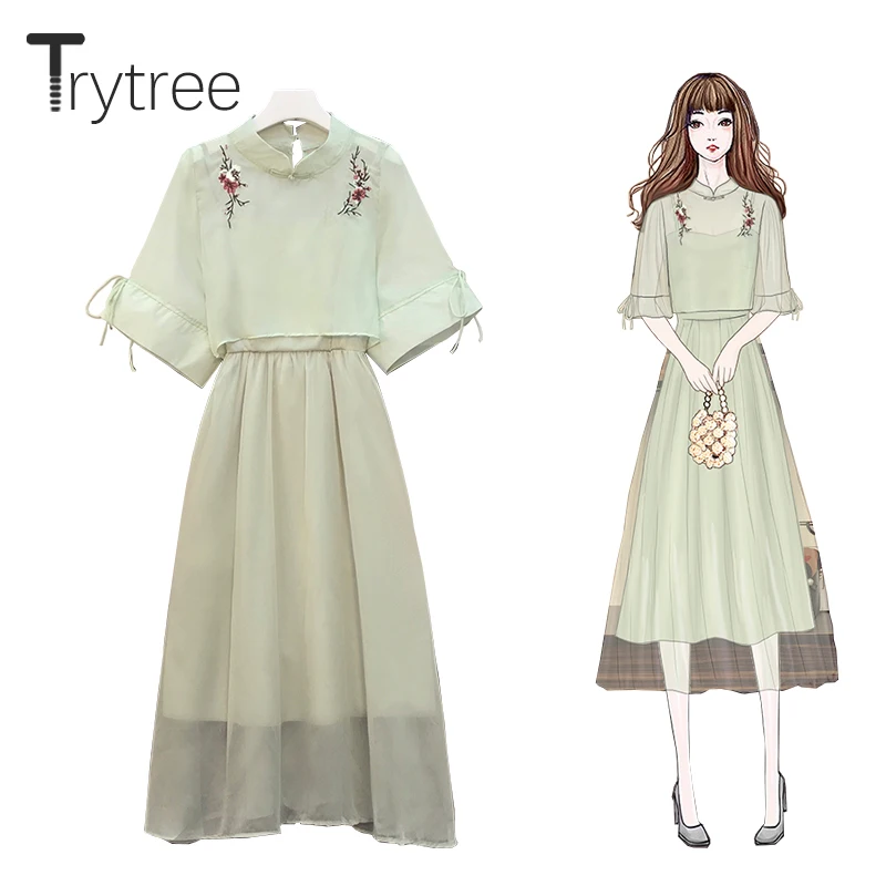 Trytree Summer Women Two Piece Set Casual Vintage Chinese Style Embroidery Floral Short Tops + Sling Dress A-line 2 Piece Set
Trytree Summer Women Two Piece Set Casual Vintage Chinese Style Embroidery Floral Short Tops + Sling Dress A-line 2 Piece Set