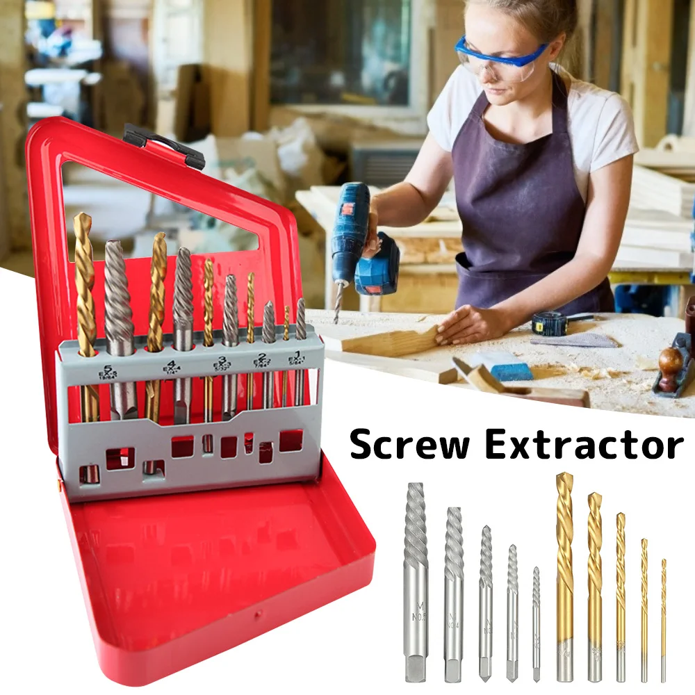 10 Pcs Screw Extractor With Left Hand Drill Set HSS Drill Bit Broken Damaged Bolt Remover Removal Speed Easy Out With Red Case
10 Pcs Screw Extractor With Left Hand Drill Set HSS Drill Bit Broken Damaged Bolt Remover Removal Speed Easy Out With Red Case