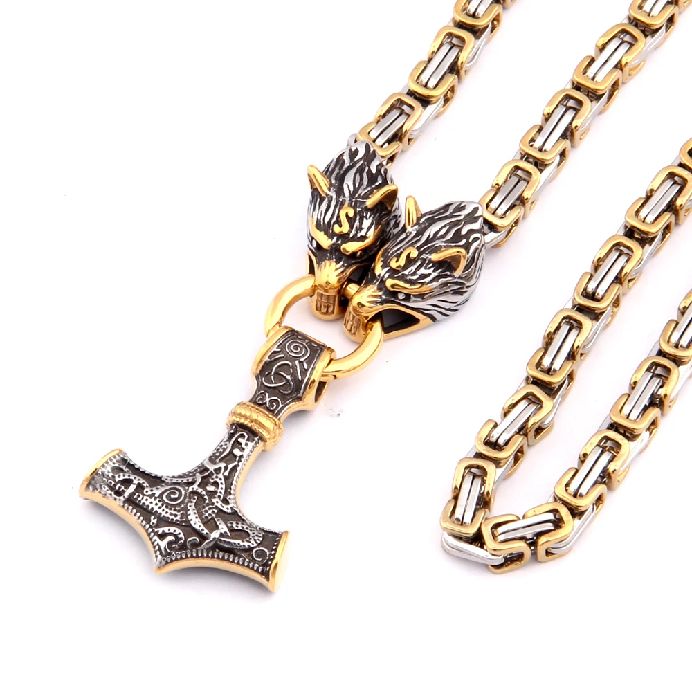 

316L stainless steel never fade Viking wolf head Bamboo chain necklace with mix gold color thor's hammer pendant necklace