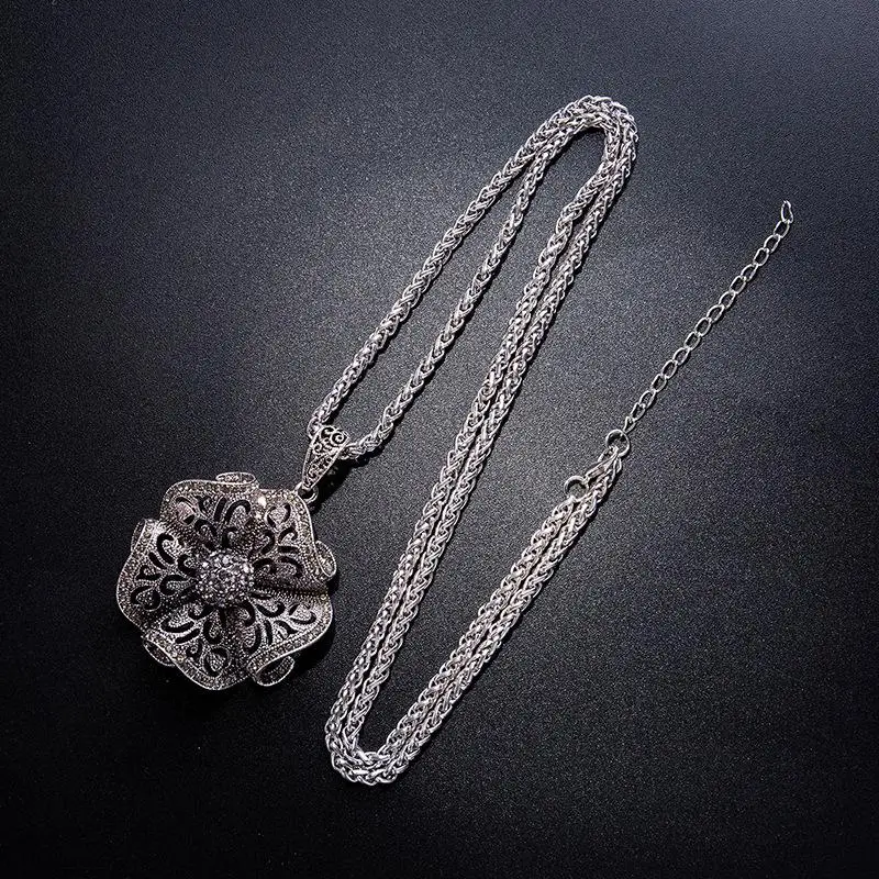 Vintage Black Blue Crystal Flower Drop Necklaces & Pendants For Women Long Necklace Jewelry Dress Sweater Accessories Gifts | Украшения