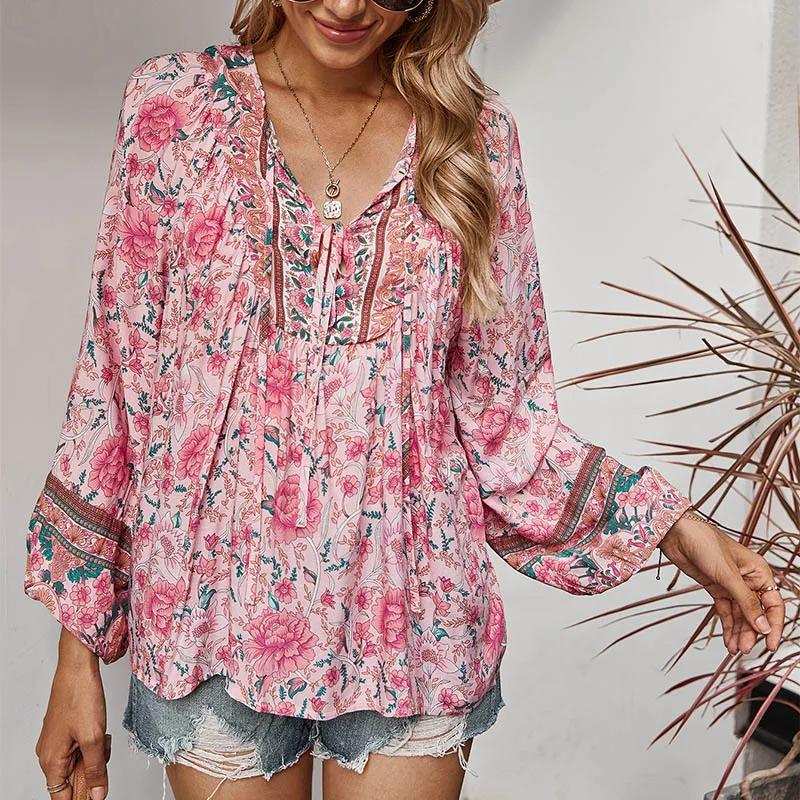 V Neck Loose Floral Print Bandage Blouses Women Spring Autumn Ruffles Hem Lantern Sleeve Romantic Shirts Tops
V Neck Loose Floral Print Bandage Blouses Women Spring Autumn Ruffles Hem Lantern Sleeve Romantic Shirts Tops