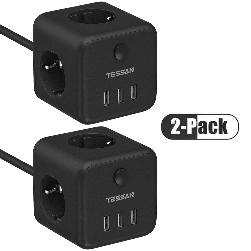 TESSAN 2-Packs Black EU Multi Travel Power Strip with 3 AC Outlets 3 USB Charge Ports On/Off Switch 1.5m Extension Cord for Home
TESSAN 2-Packs Black EU Multi Travel Power Strip with 3 AC Outlets 3 USB Charge Ports On/Off Switch 1.5m Extension Cord for Home