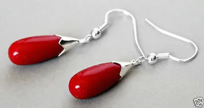 

New Pair Red Coral 925 Sterling Silver Hook Teardrop Dangle Earrings
