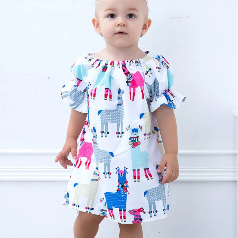 2018 Toddler Girl Dresses Cartoon Alpaca Print Flutter Sleeve Off Shoulder Kids for Girls Short Dress | Детская одежда и обувь