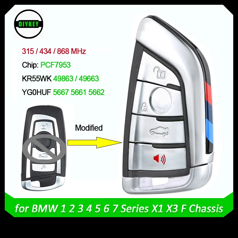 

DIYKEY CAS4 PCF7953 Remote Car Key Fob 4 Button 315/434/868MHz for BMW 1 2 3 4 5 6 7 Series X1 X3 F Chassis CAS4+ FEM 2011-2017