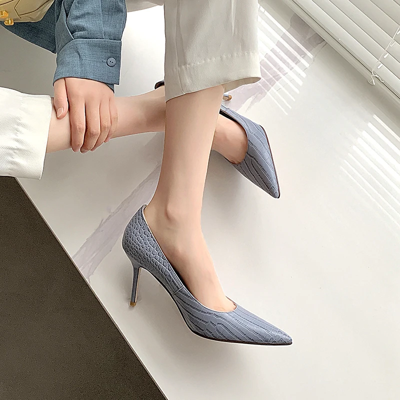 

Osunlina Elegant Woman's Wedding Pumps High Thin Heels Fashion Crocodile Pattern Cow Leather Party Pointed Toe Lady Shoes A195