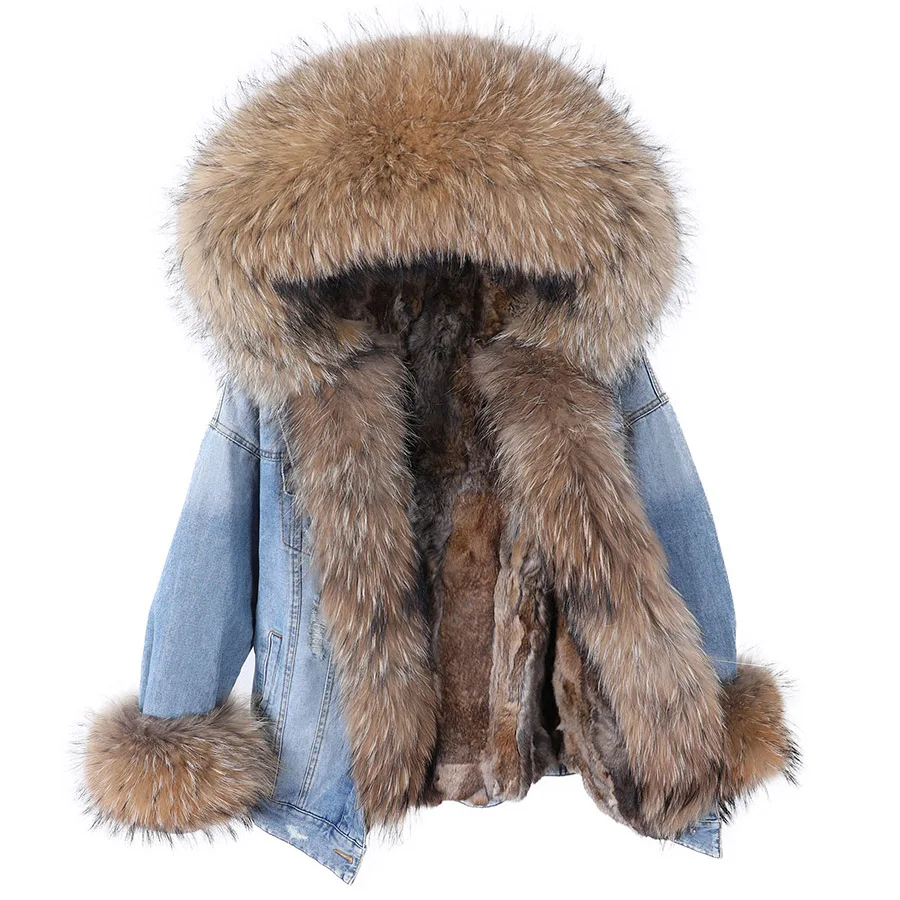 

Maomaokong denim Jacket Parka Winter Women Parkas Real Fur collar Coat Natural Raccoon Fur Hood Real Rabbit Fur Liner Luxury